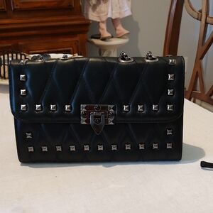 Elegant Black Leather Quilted Pattern Studded Crossbody Bag